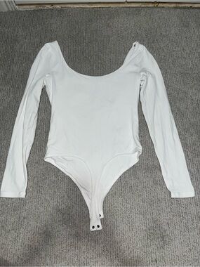 Abercrombie & Fitch White Long Sleeve Ponte Squareneck Seamed Bodysuit